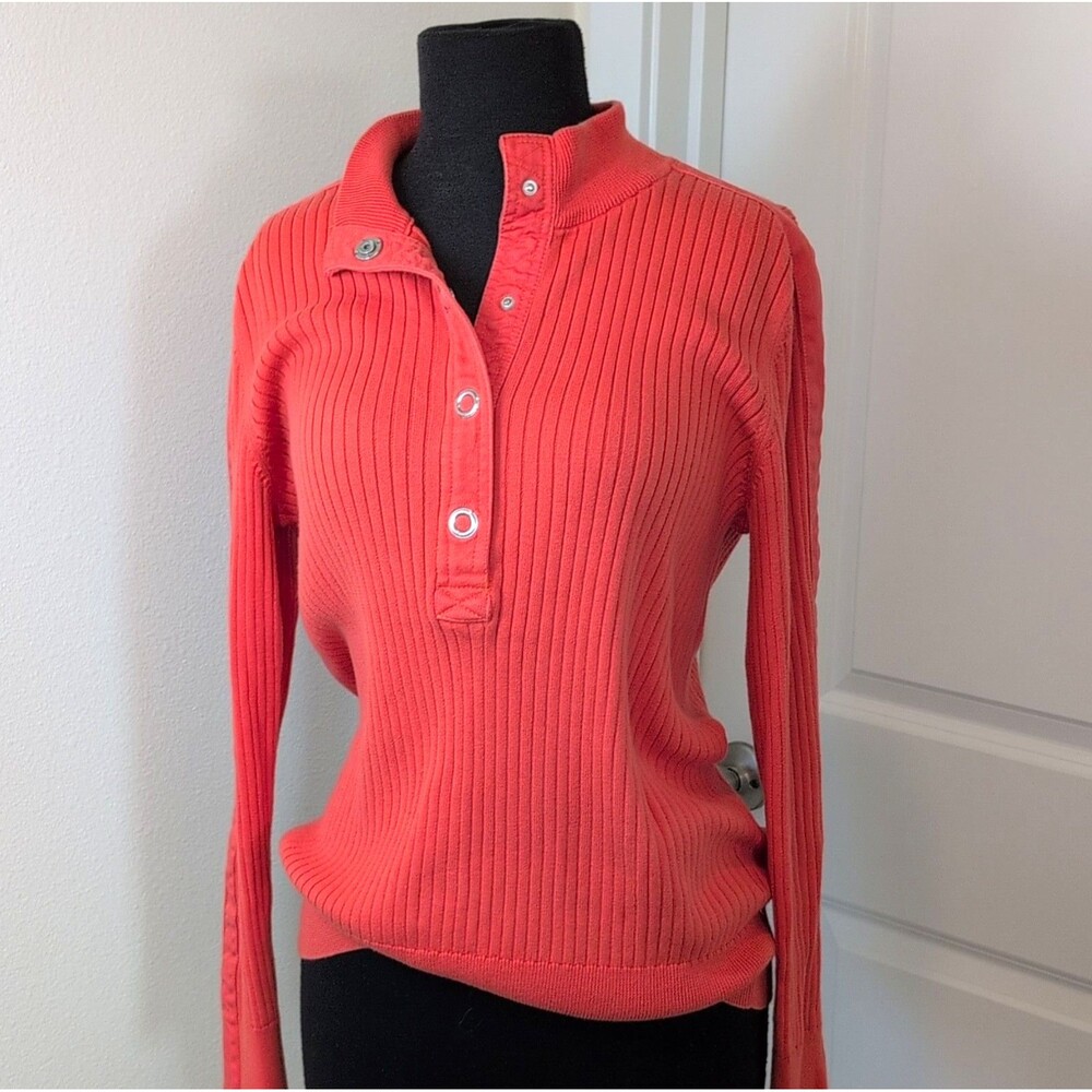 Lauren Ralph Lauren Ribbed Knit Collared Pullover Sweater Pale Orange Button L